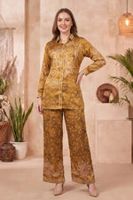Mustard Crepe Silk Bandhani Print Co Ord Set with Shirt Collar