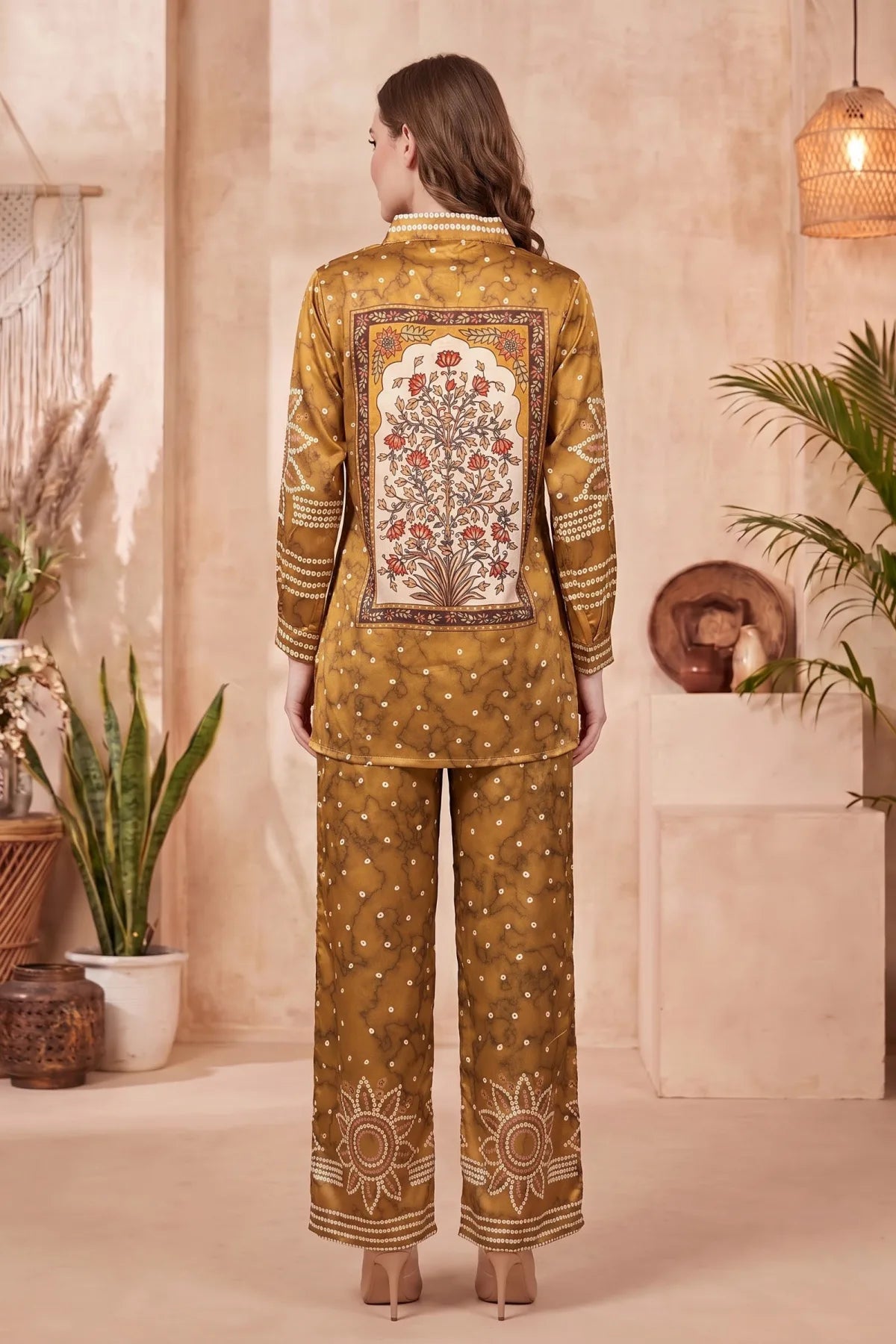 Mustard Crepe Silk Bandhani Print Co Ord Set with Shirt Collar