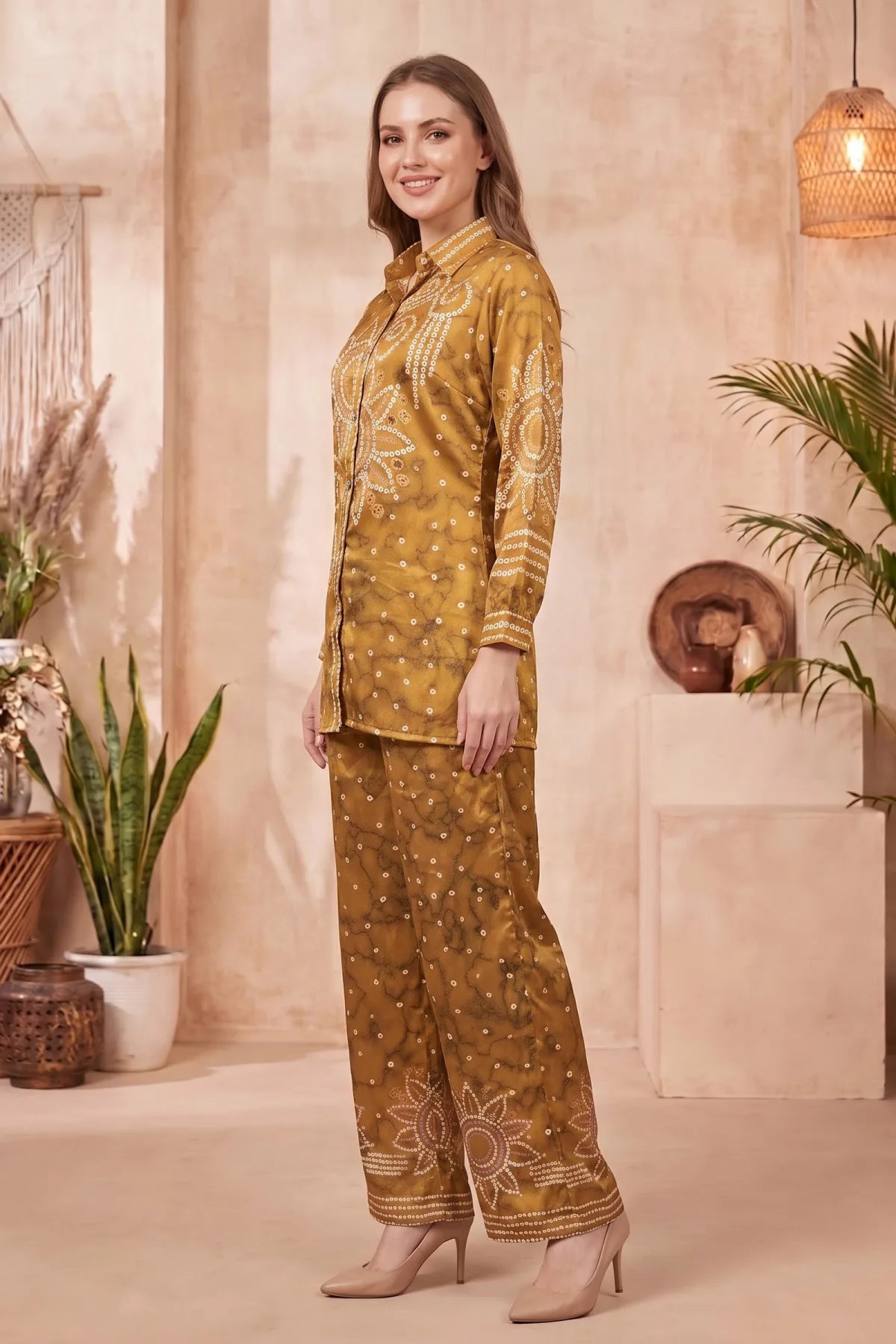 Mustard Crepe Silk Bandhani Print Co Ord Set with Shirt Collar