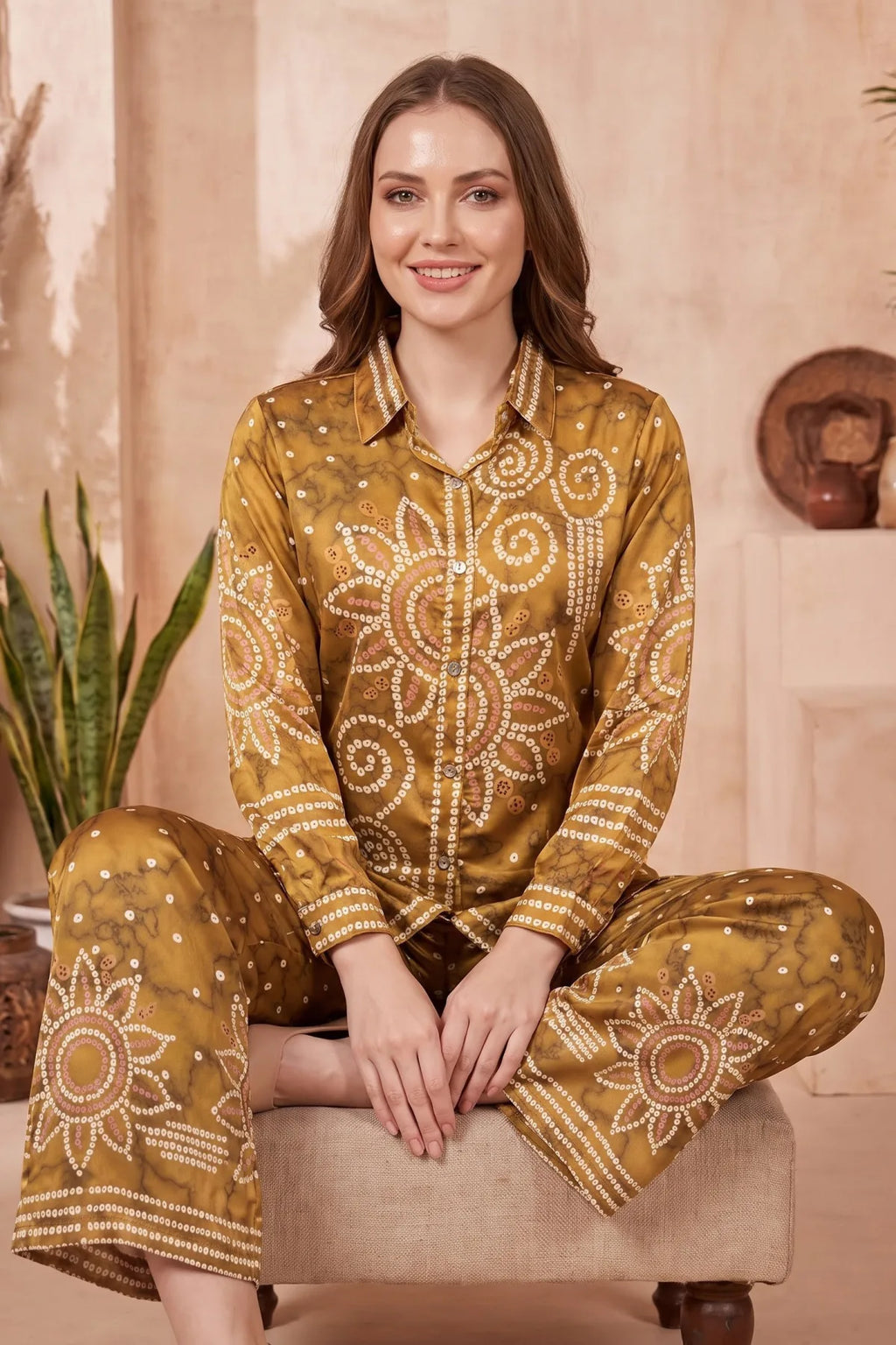 Mustard Crepe Silk Bandhani Print Co Ord Set with Shirt Collar