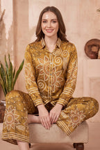 Mustard Crepe Silk Bandhani Print Co Ord Set with Shirt Collar