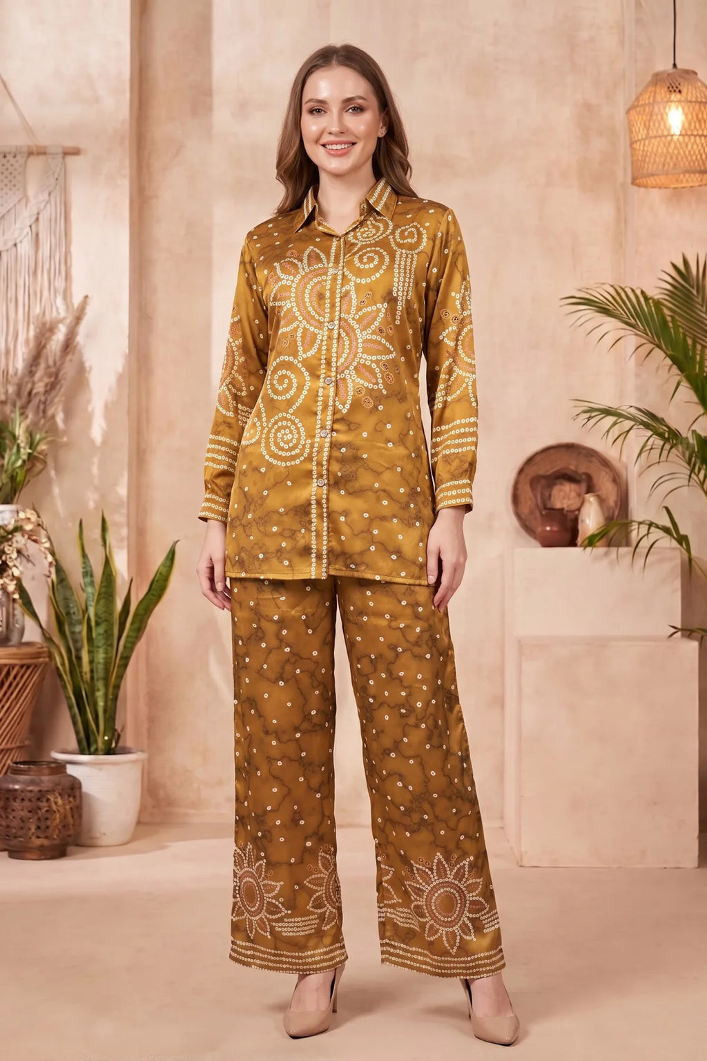 Mustard Crepe Silk Bandhani Print Co Ord Set with Shirt Collar