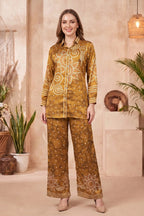 Mustard Crepe Silk Bandhani Print Co Ord Set with Shirt Collar