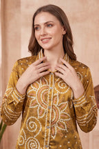 Mustard Modal Crepe Silk Bandhani Print Shirt with Floral Back Panel