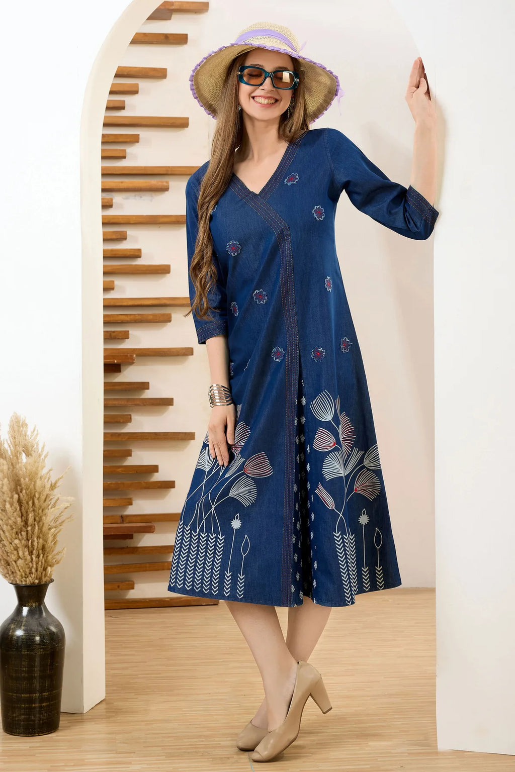 Denim Blue V Neck A Line Indo Western Dress