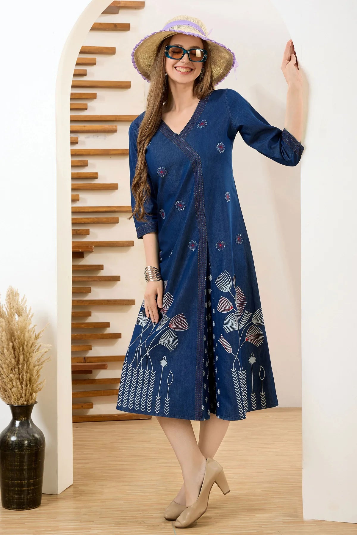 Denim Blue V Neck A Line Indo Western Dress