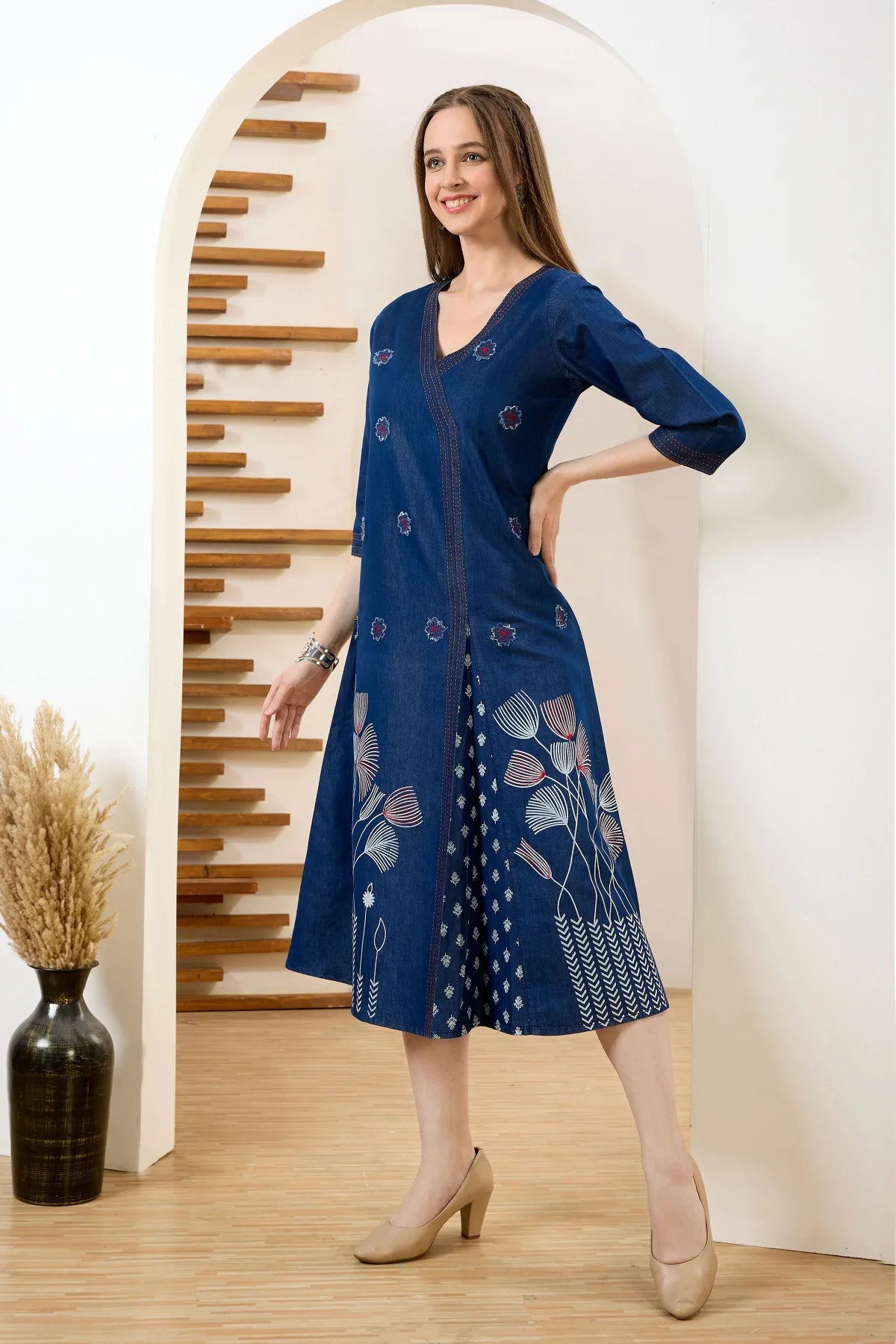 Denim Blue V Neck A Line Indo Western Dress