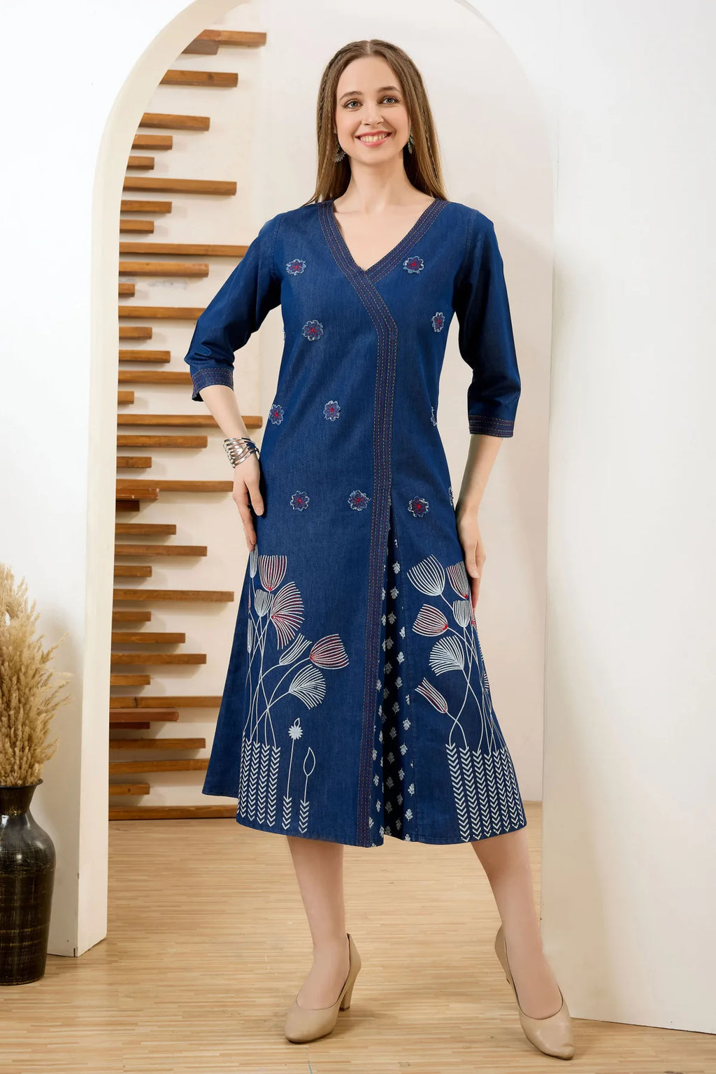 Denim Blue V Neck A Line Indo Western Dress