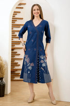 Denim Blue V Neck A Line Indo Western Dress
