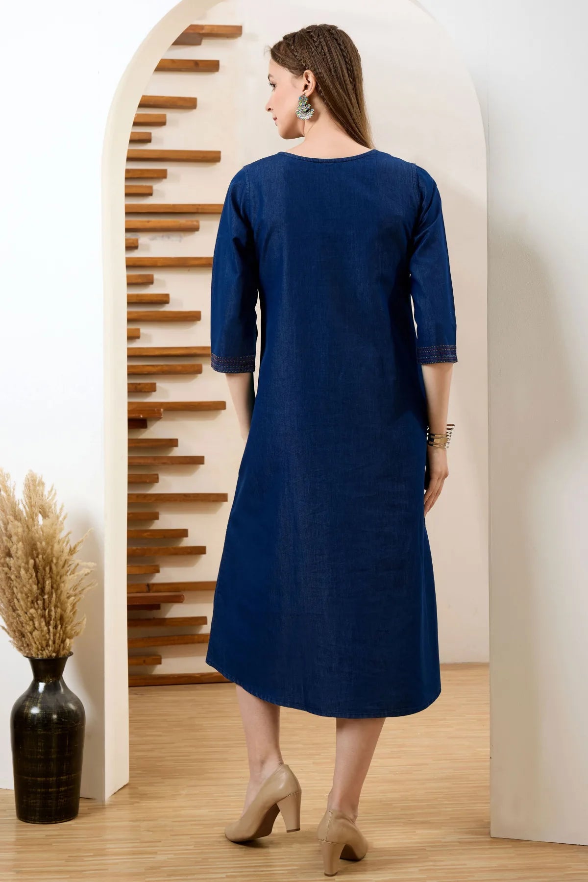 Denim Blue V Neck A Line Indo Western Dress