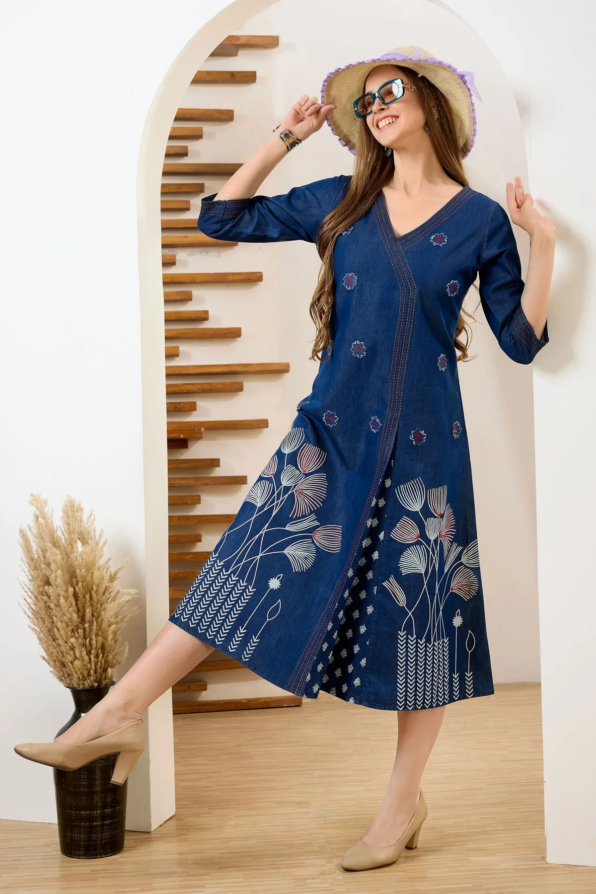 Denim Blue V Neck A Line Indo Western Dress