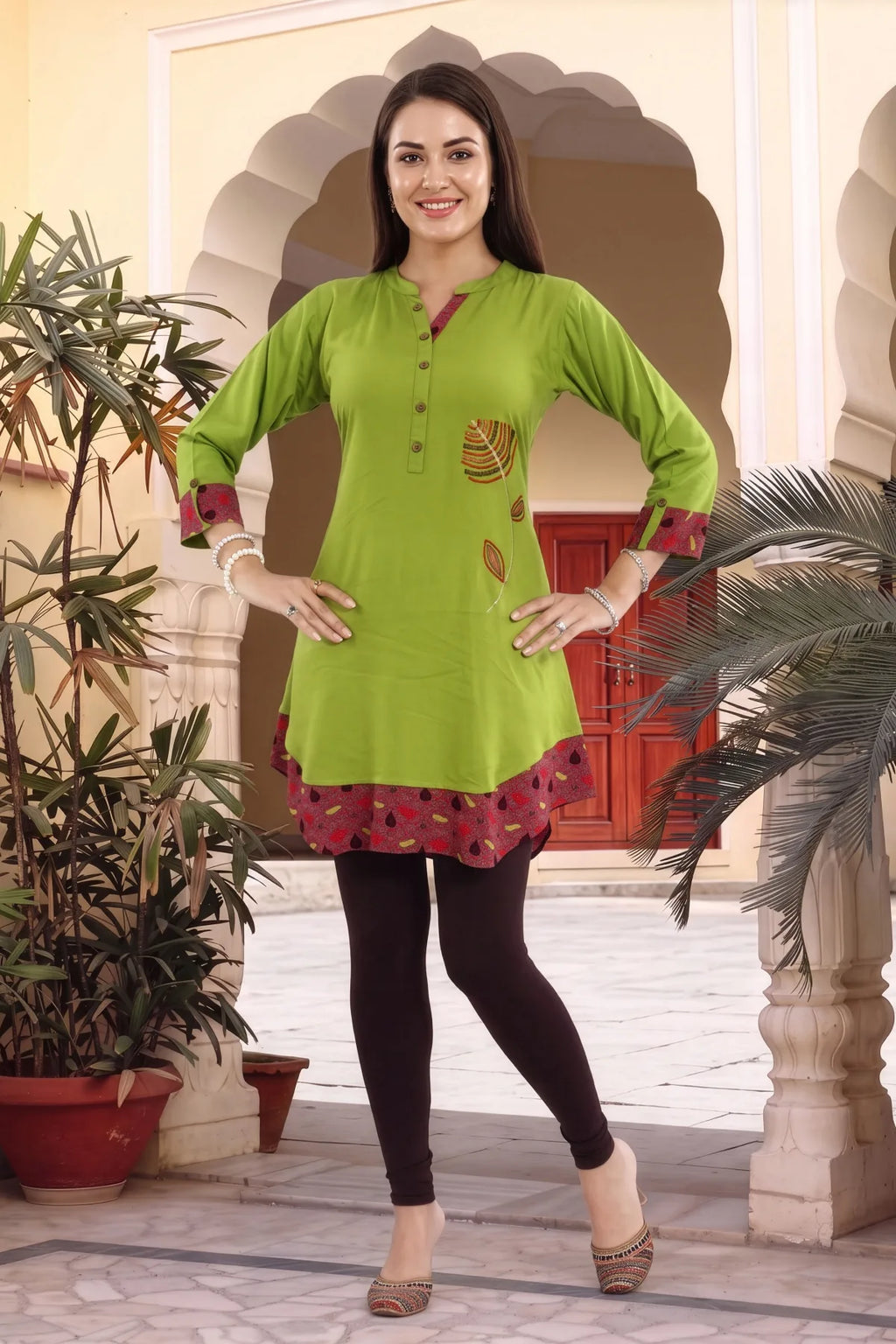 Mehandi Green Rayon Tunic with Thread Work and Printed Layer