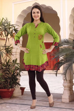 Mehandi Green Rayon Tunic with Thread Work and Printed Layer