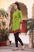 Mehandi Green Rayon Tunic with Thread Work and Printed Layer