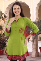 Mehandi Green Rayon Tunic with Thread Work and Printed Layer