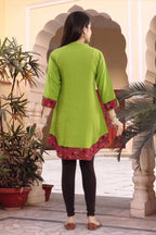 Mehandi Green Rayon Tunic with Thread Work and Printed Layer