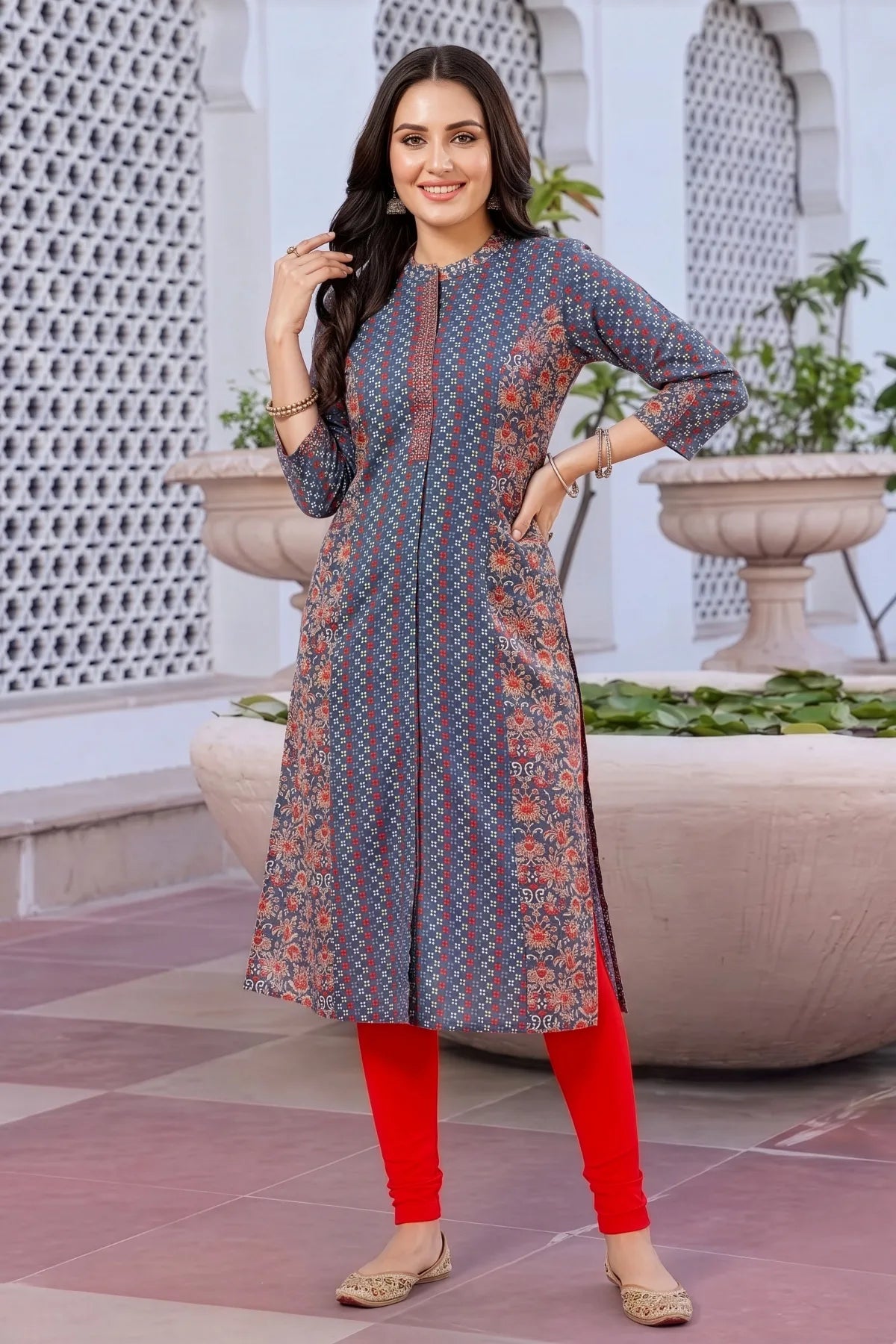 Gray Cotton Printed A-Line Kurta with Ban Collar