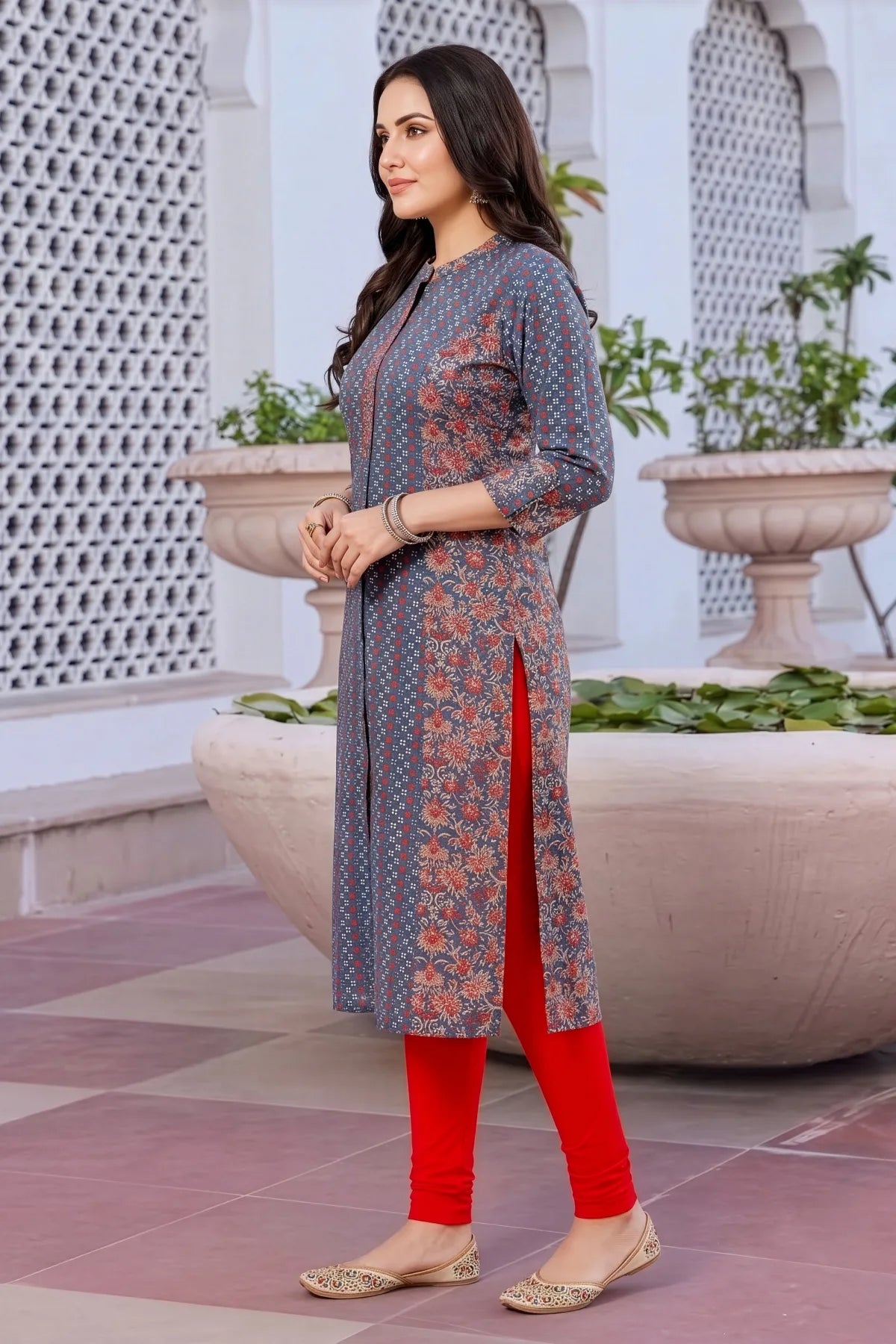 Gray Cotton Printed A-Line Kurta with Ban Collar