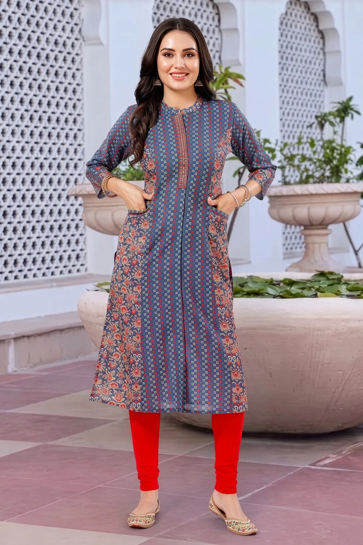 Gray Cotton Printed A-Line Kurta with Ban Collar