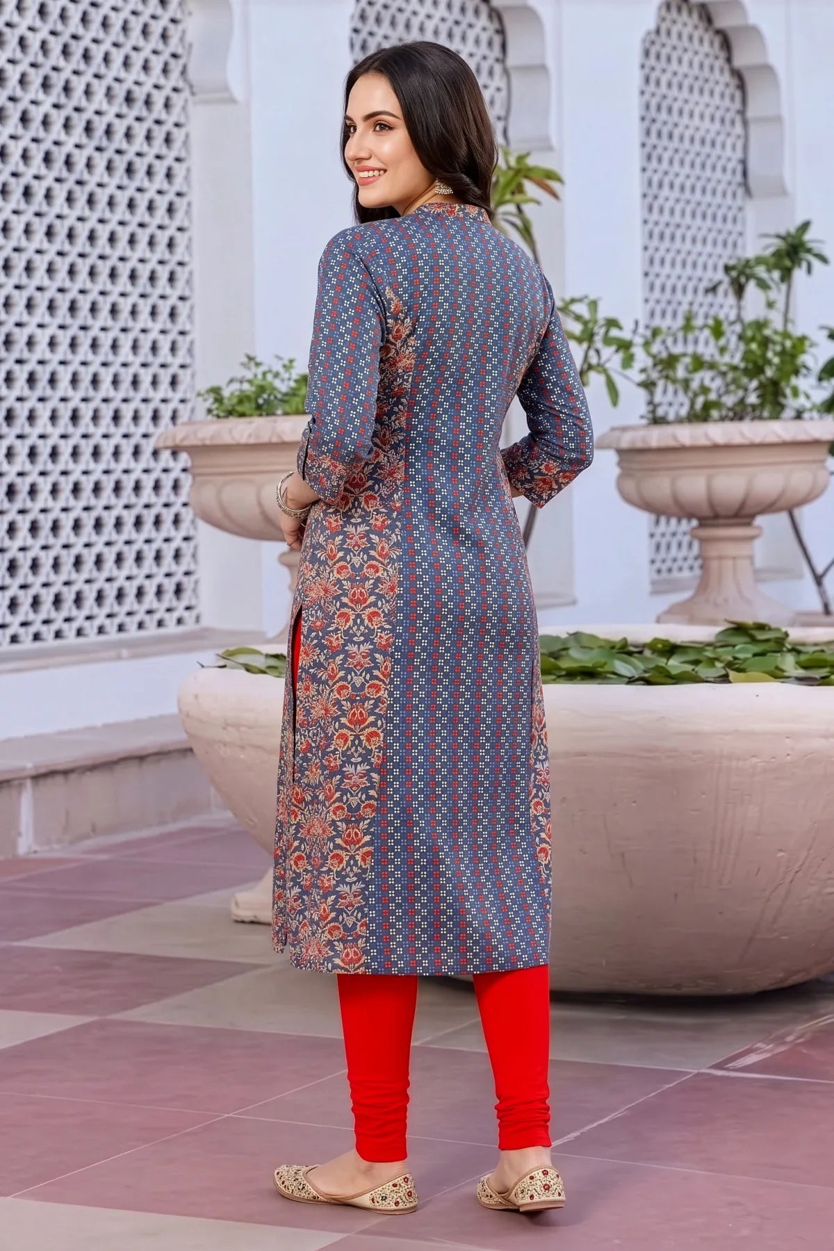 Gray Cotton Printed A-Line Kurta with Ban Collar