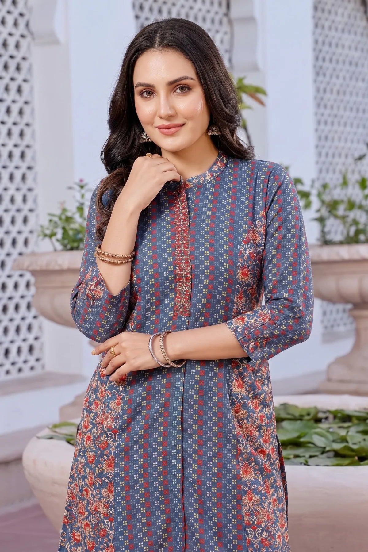 Gray Cotton Printed A-Line Kurta with Ban Collar