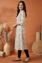 Cream Cotton A Line Princess Cut Kurta with Floral Print
