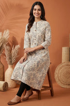Cream Cotton A Line Princess Cut Kurta with Floral Print