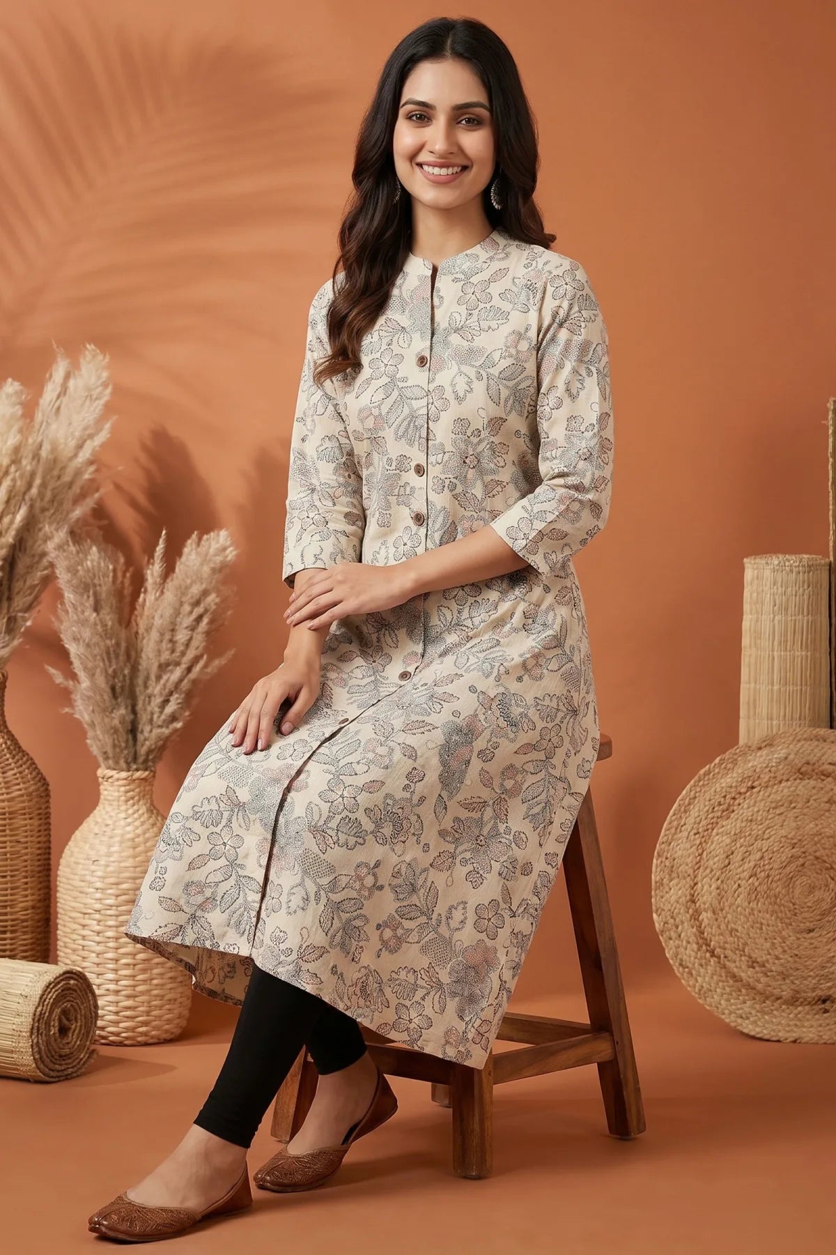 Cream Cotton A Line Princess Cut Kurta with Floral Print