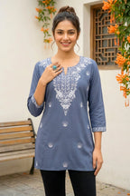 Gray Rayon Short Kurti with Chikankari Embroidery