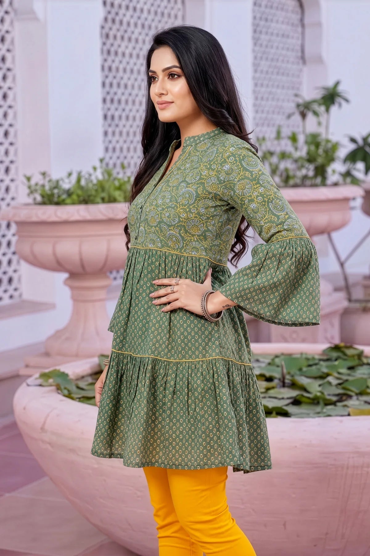 Gracious Green Cotton Ban Collar Flared Tunic
