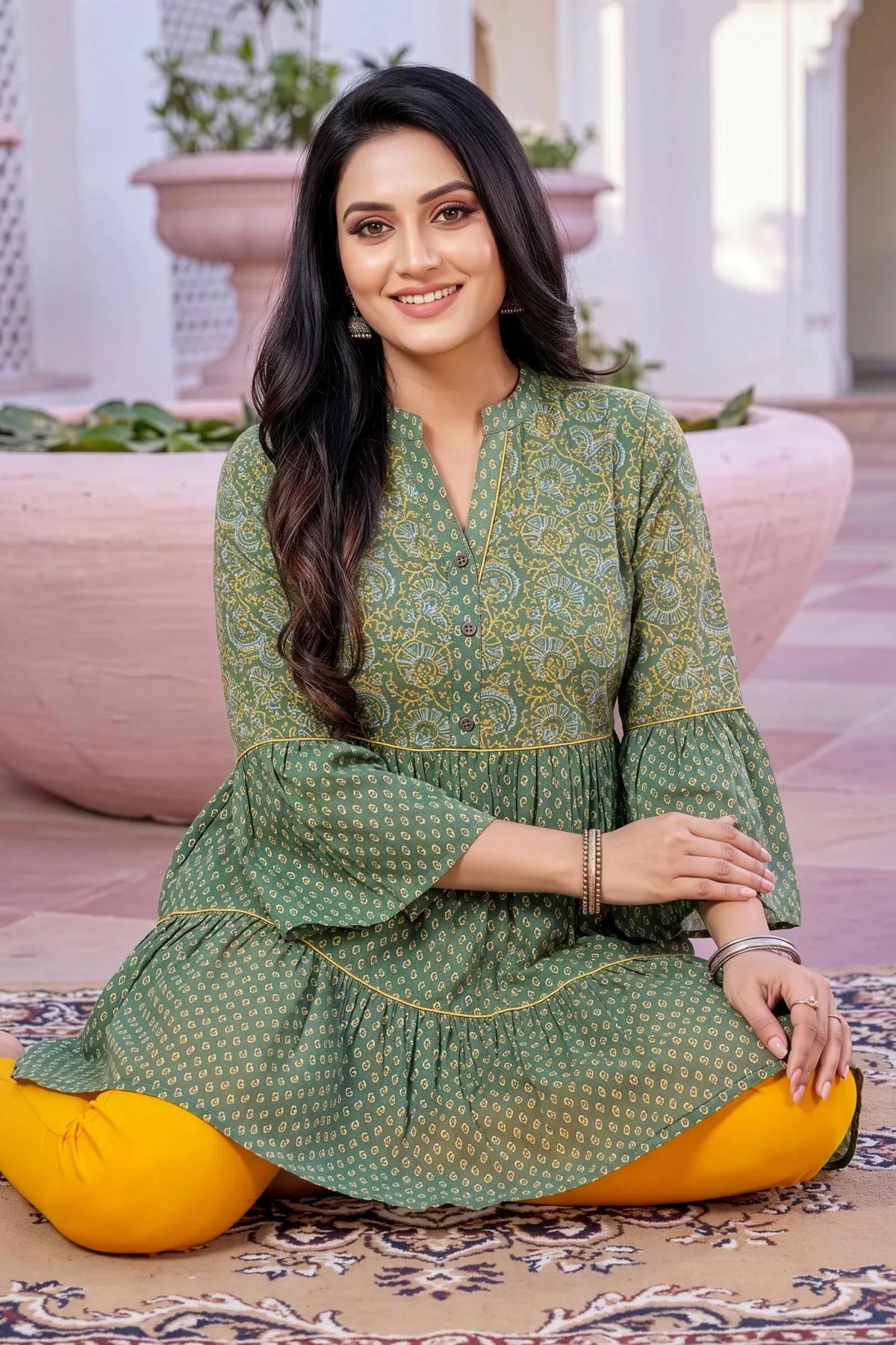 Gracious Green Cotton Ban Collar Flared Tunic