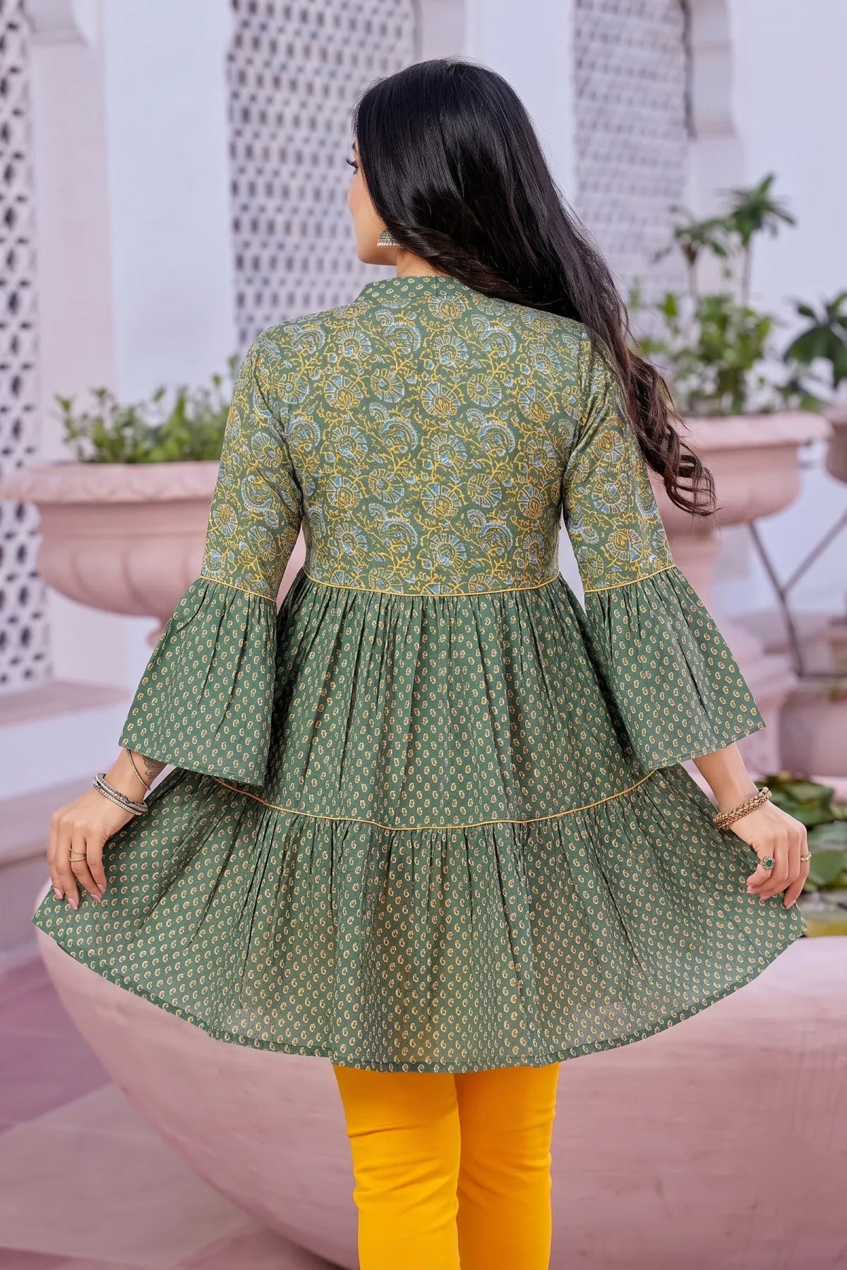 Gracious Green Cotton Ban Collar Flared Tunic