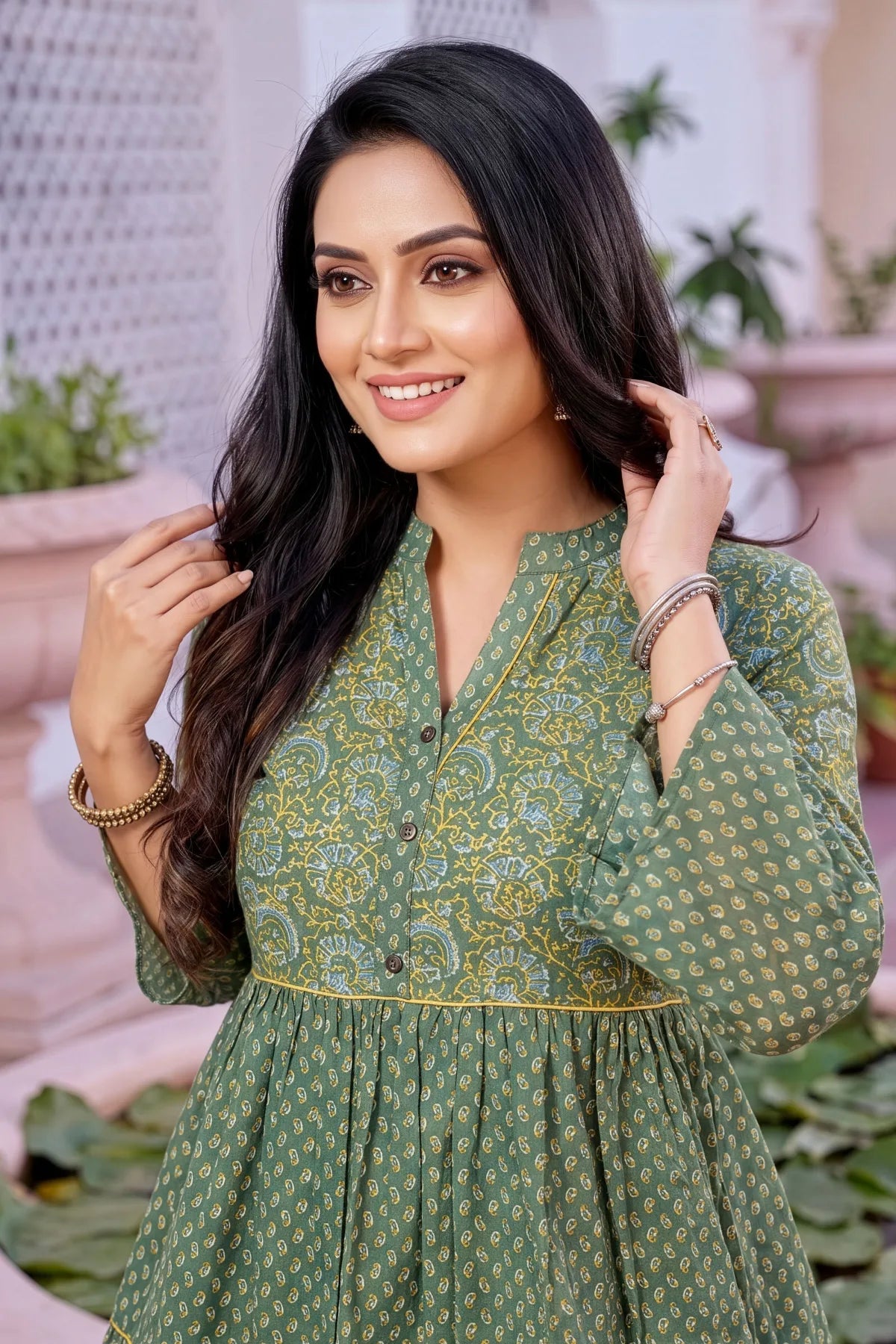 Gracious Green Cotton Ban Collar Flared Tunic