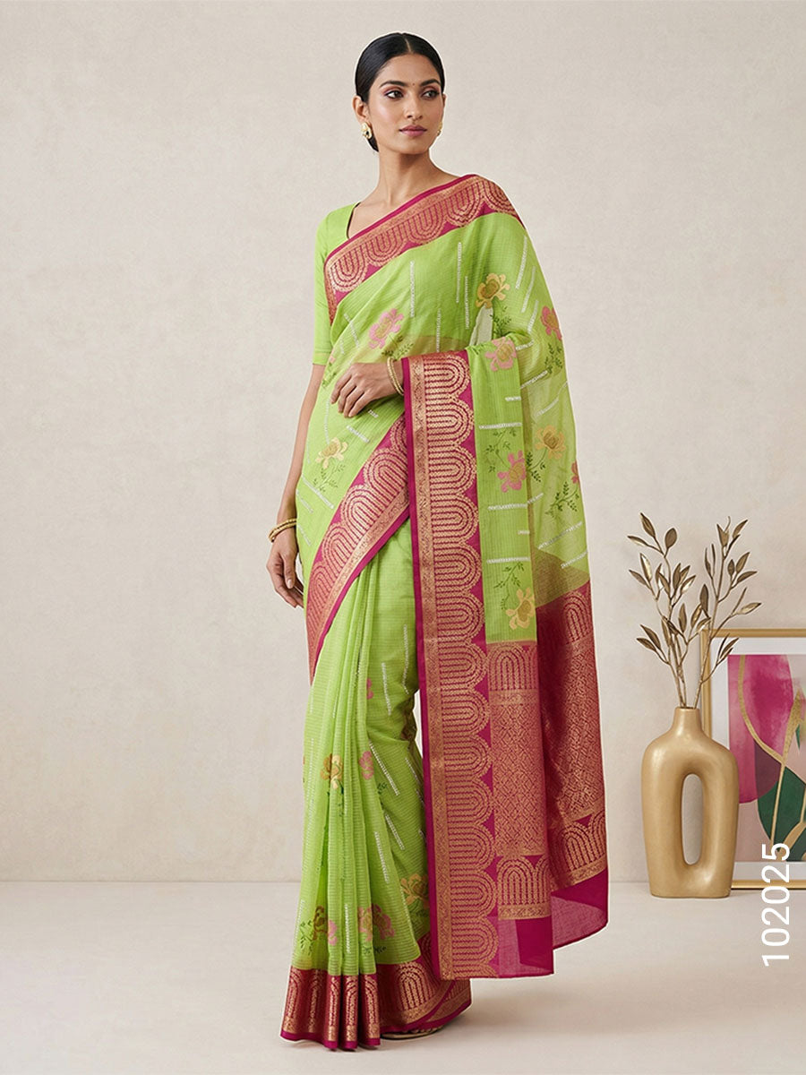 Cotton Embroidery Work Kota Checks Banarasi Saree