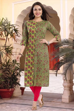 Mehandi Green Cotton Printed Front Open Long Kurti