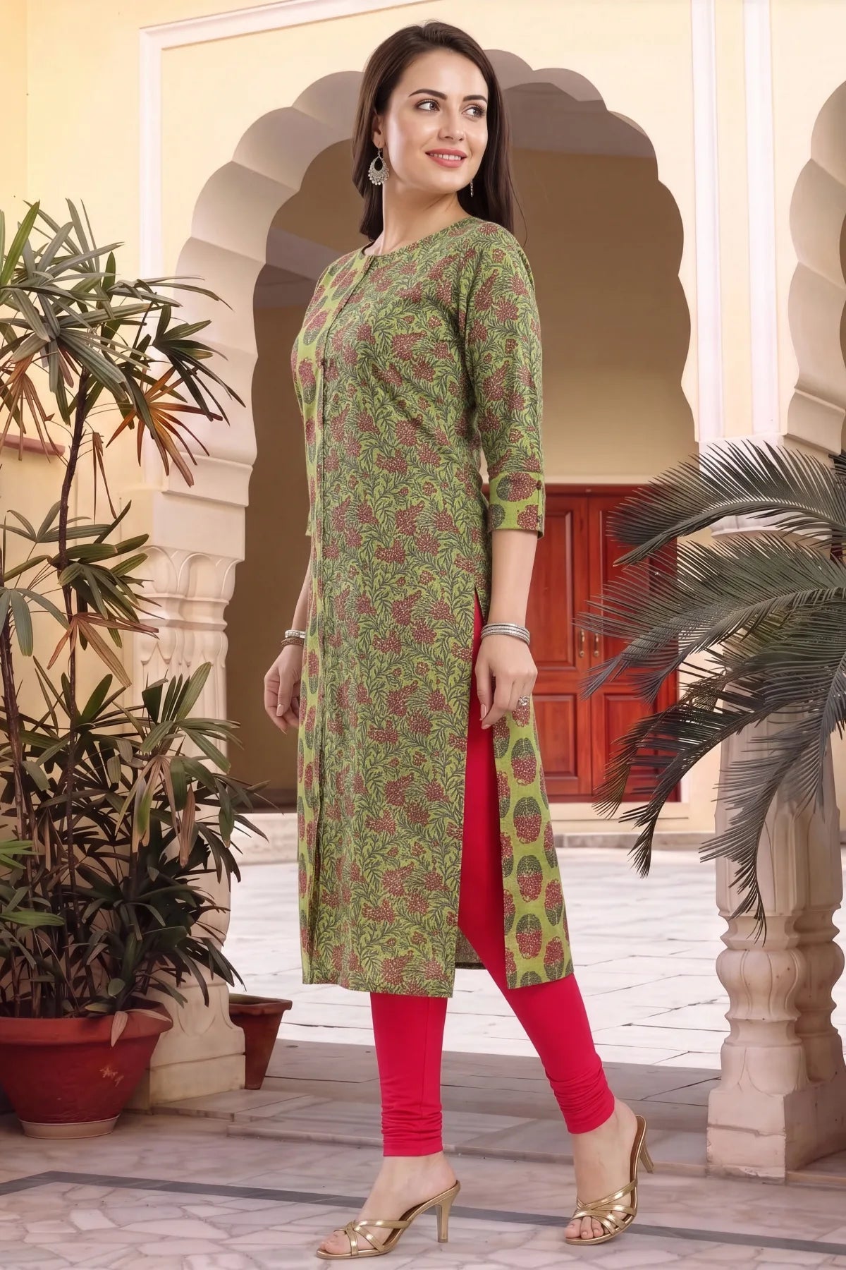Mehandi Green Cotton Printed Front Open Long Kurti