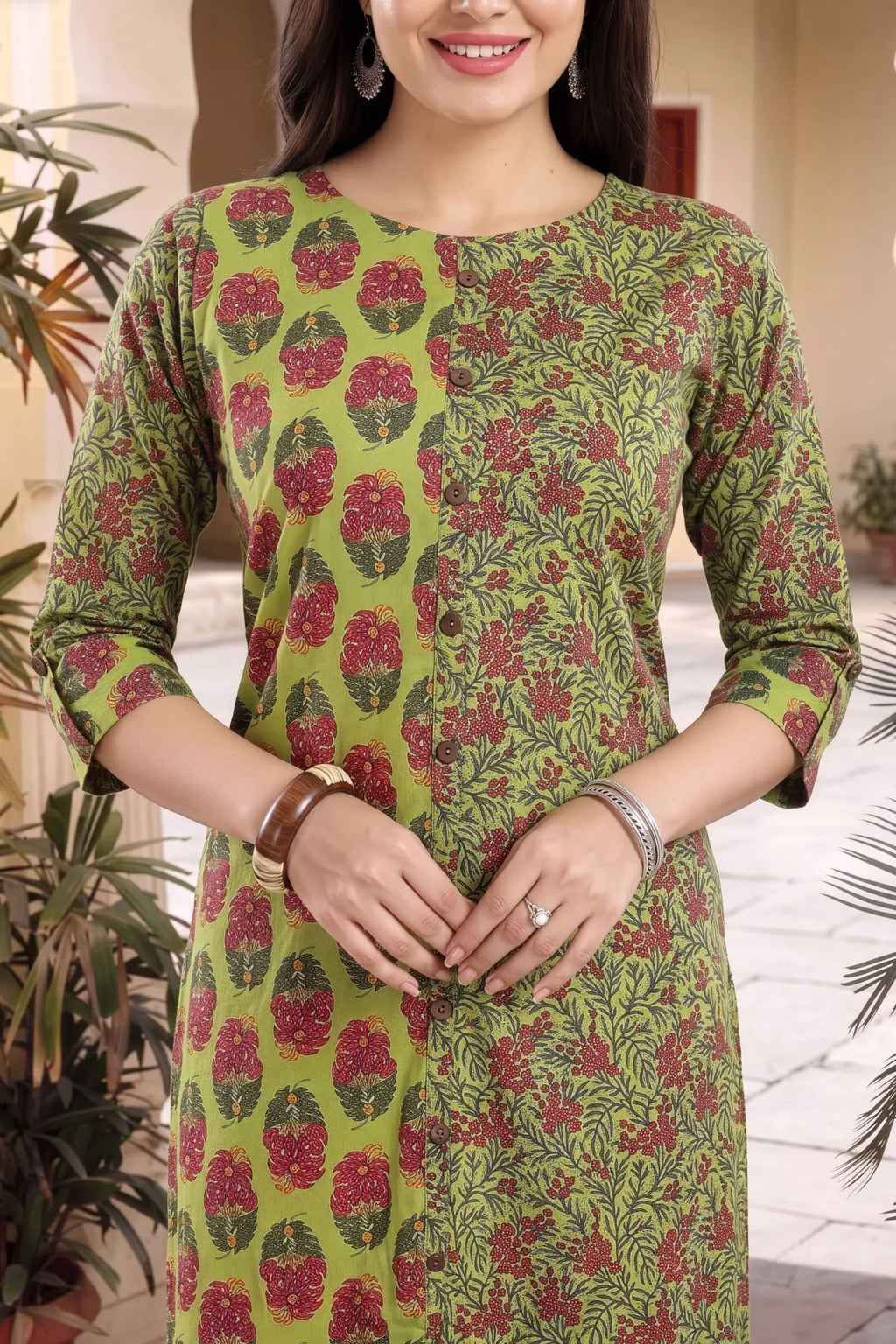 Mehandi Green Cotton Printed Front Open Long Kurti