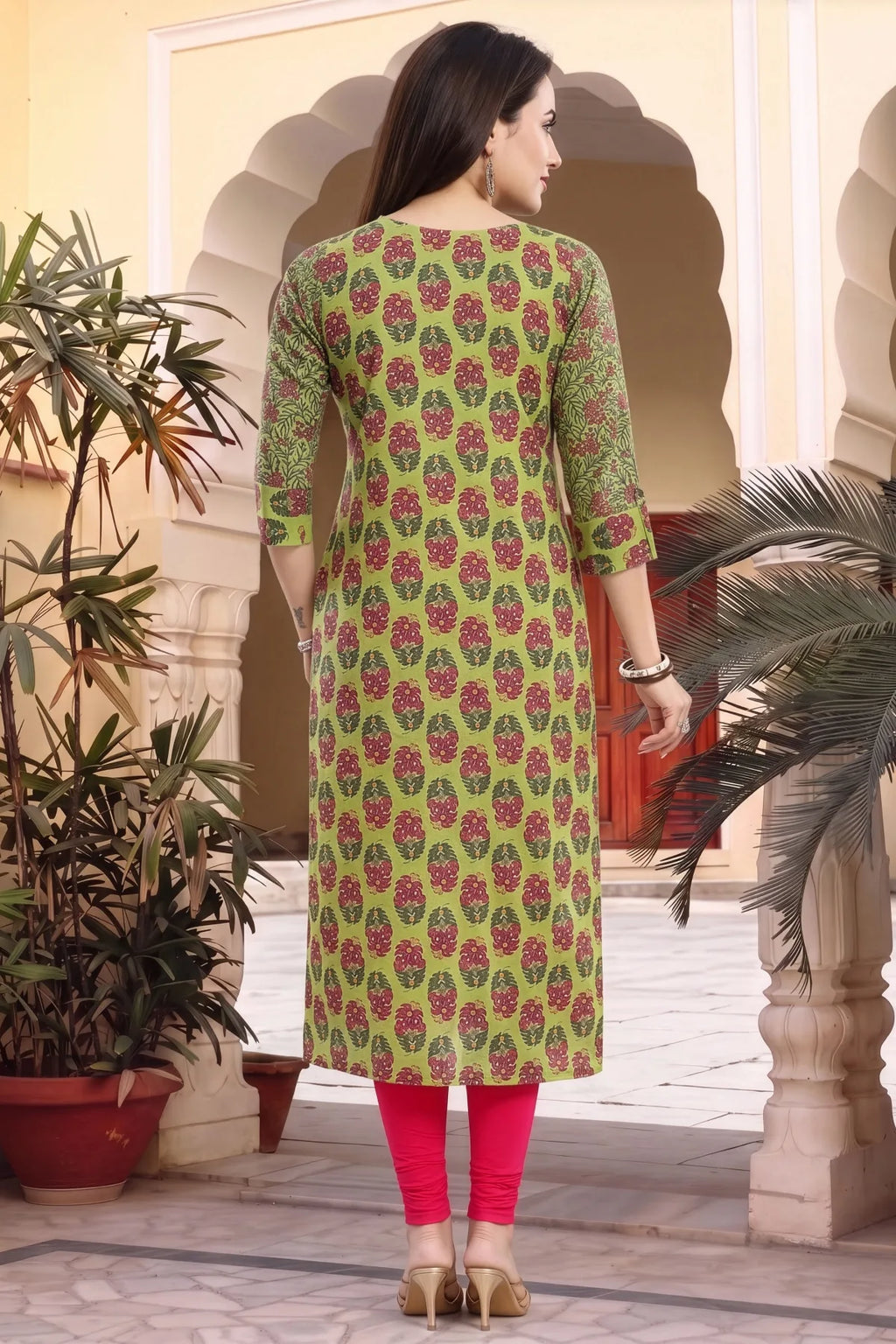 Mehandi Green Cotton Printed Front Open Long Kurti