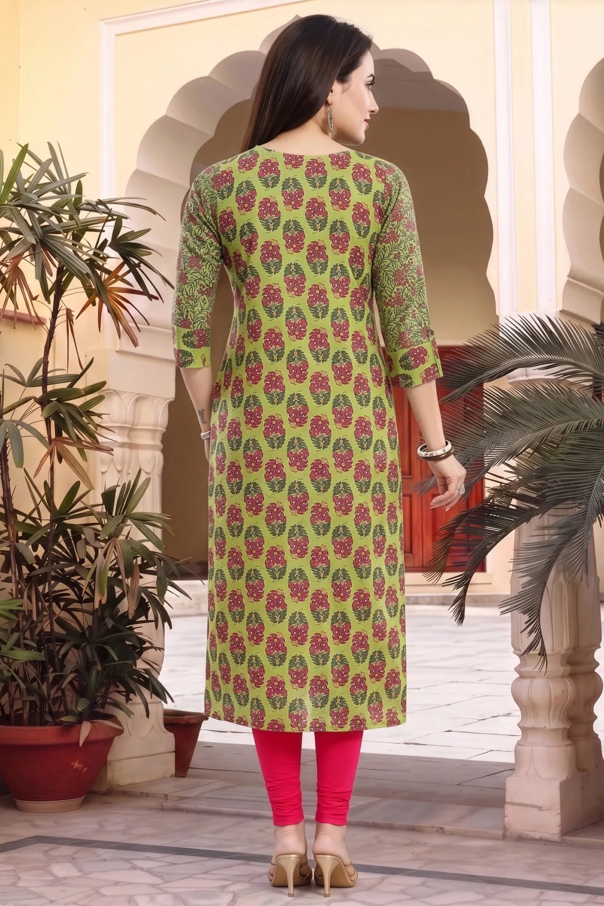 Mehandi Green Cotton Printed Front Open Long Kurti