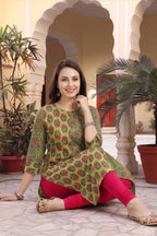 Mehandi Green Cotton Printed Front Open Long Kurti