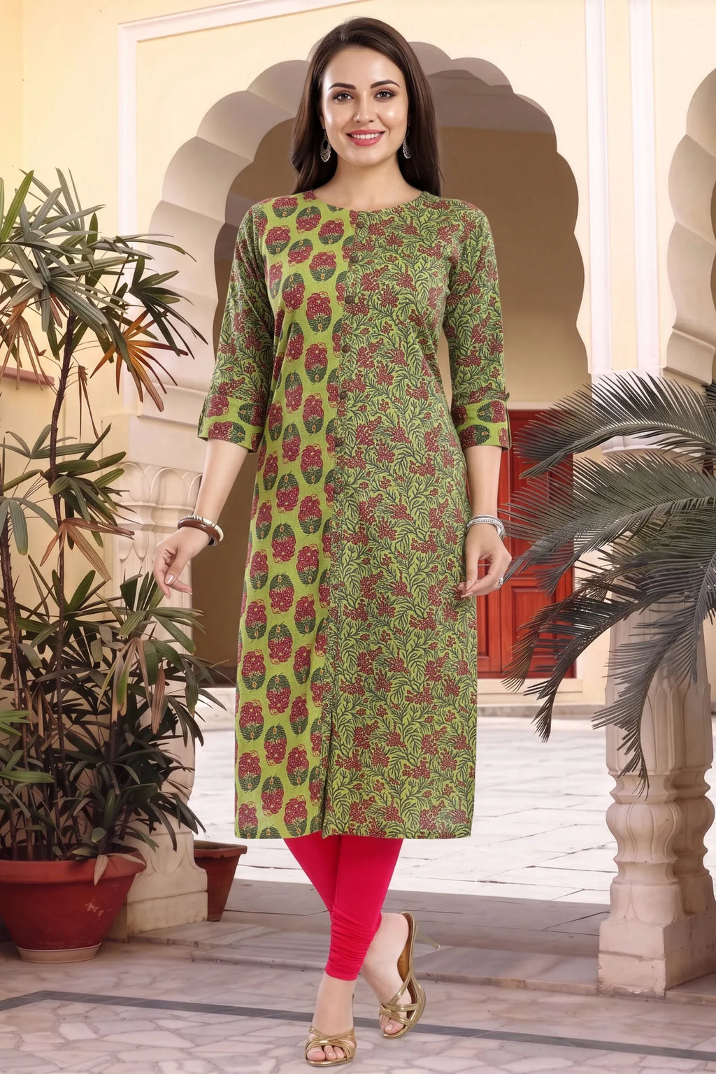Mehandi Green Cotton Printed Front Open Long Kurti