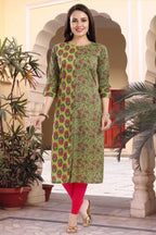 Mehandi Green Cotton Printed Front Open Long Kurti
