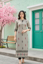 Grey Cotton Silk Block Print Long Kurta