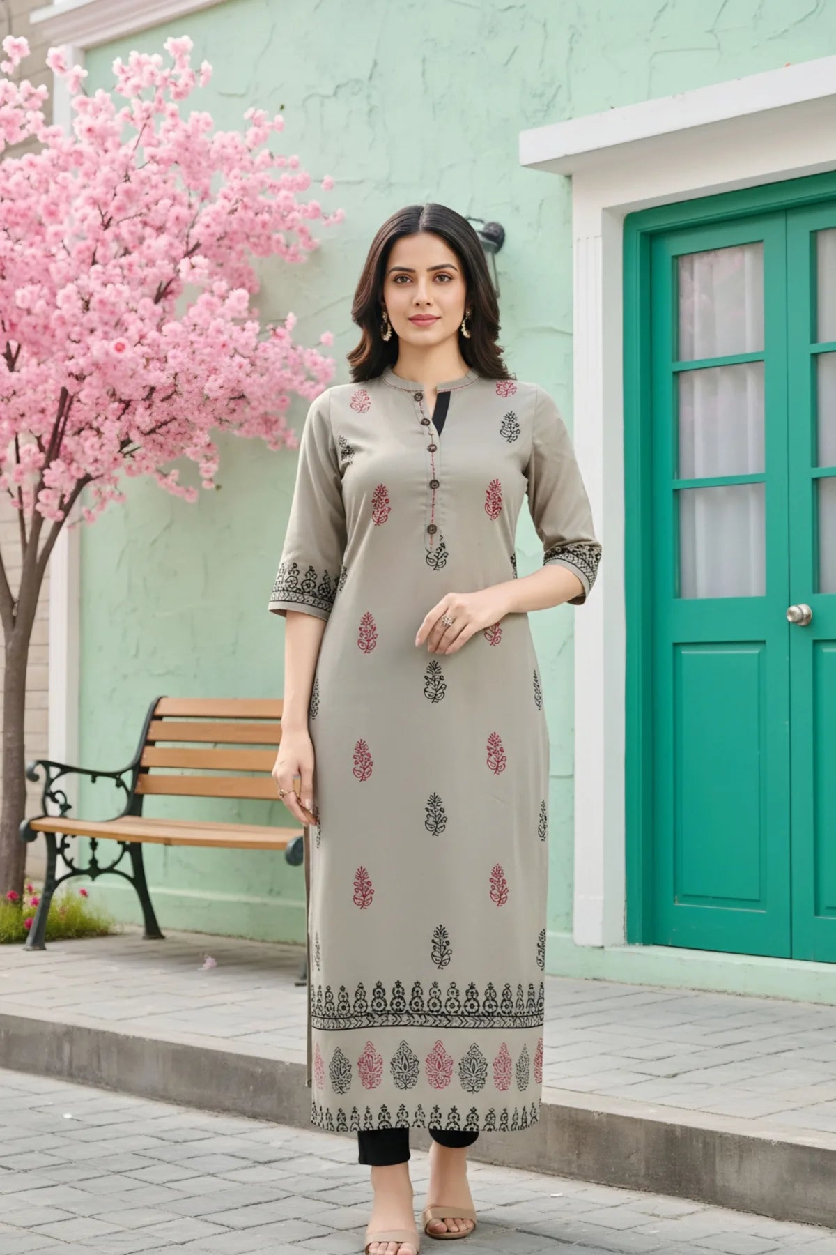 Grey Cotton Silk Block Print Long Kurta