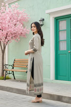 Grey Cotton Silk Block Print Long Kurta