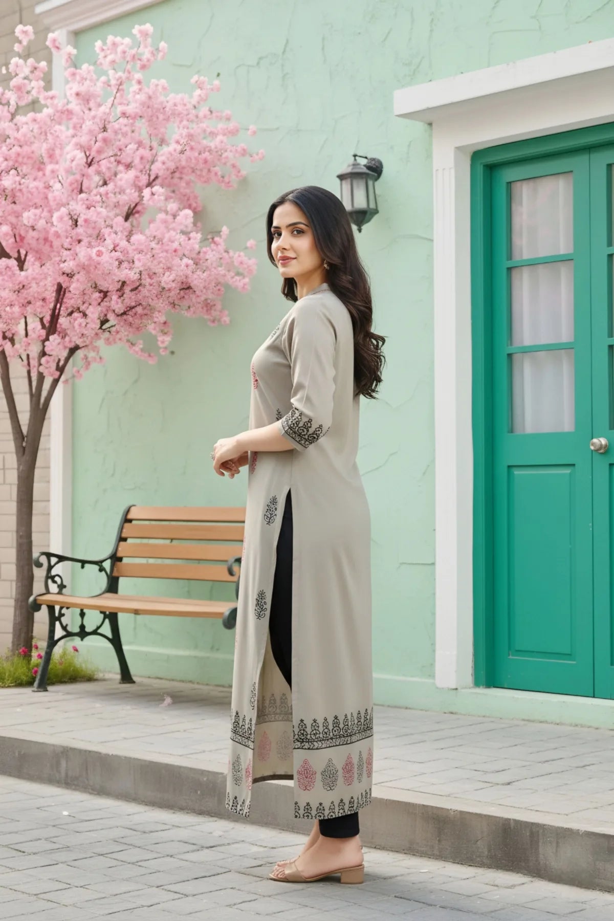 Grey Cotton Silk Block Print Long Kurta