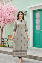 Grey Cotton Silk Block Print Long Kurta