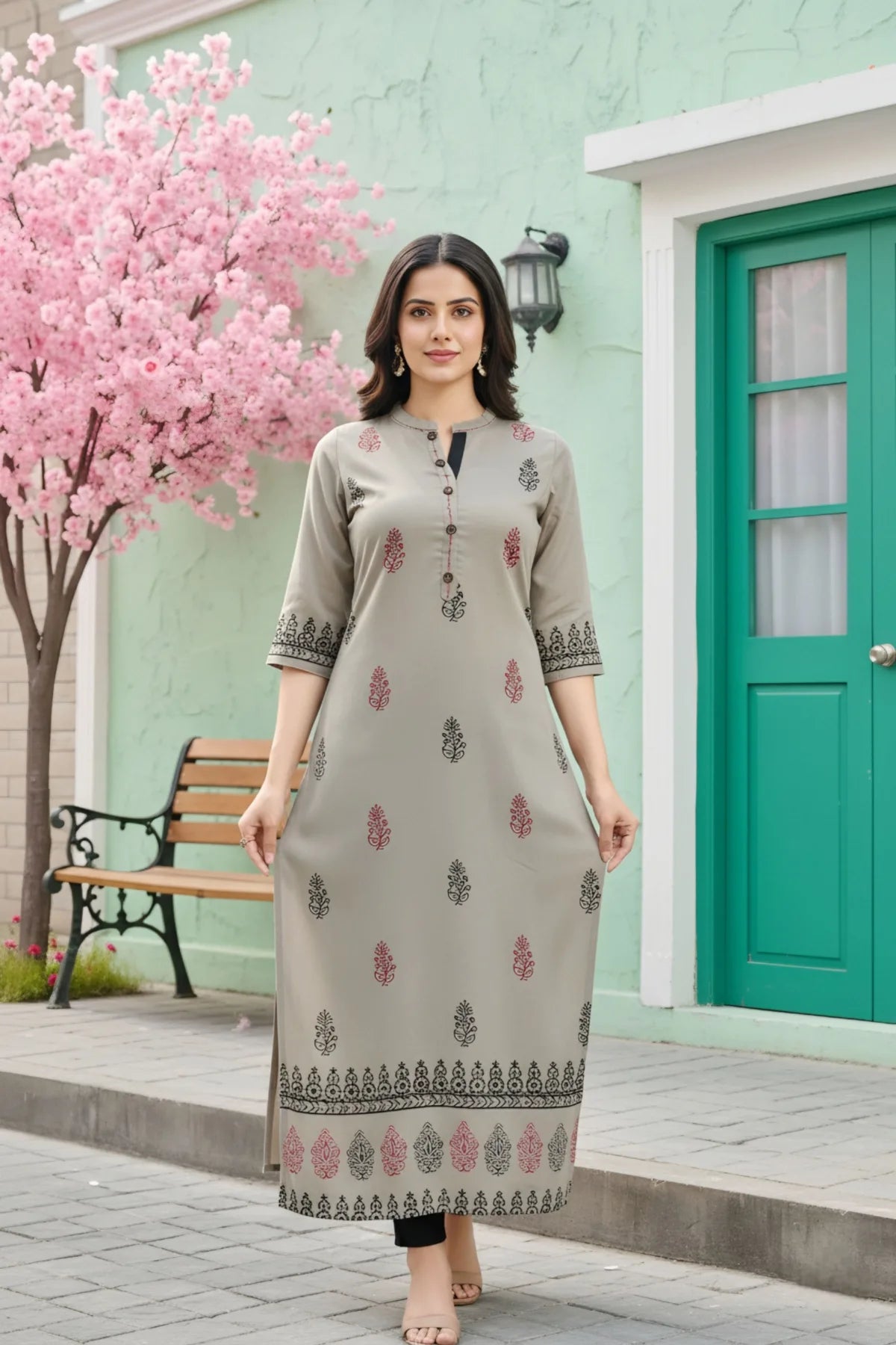 Grey Cotton Silk Block Print Long Kurta