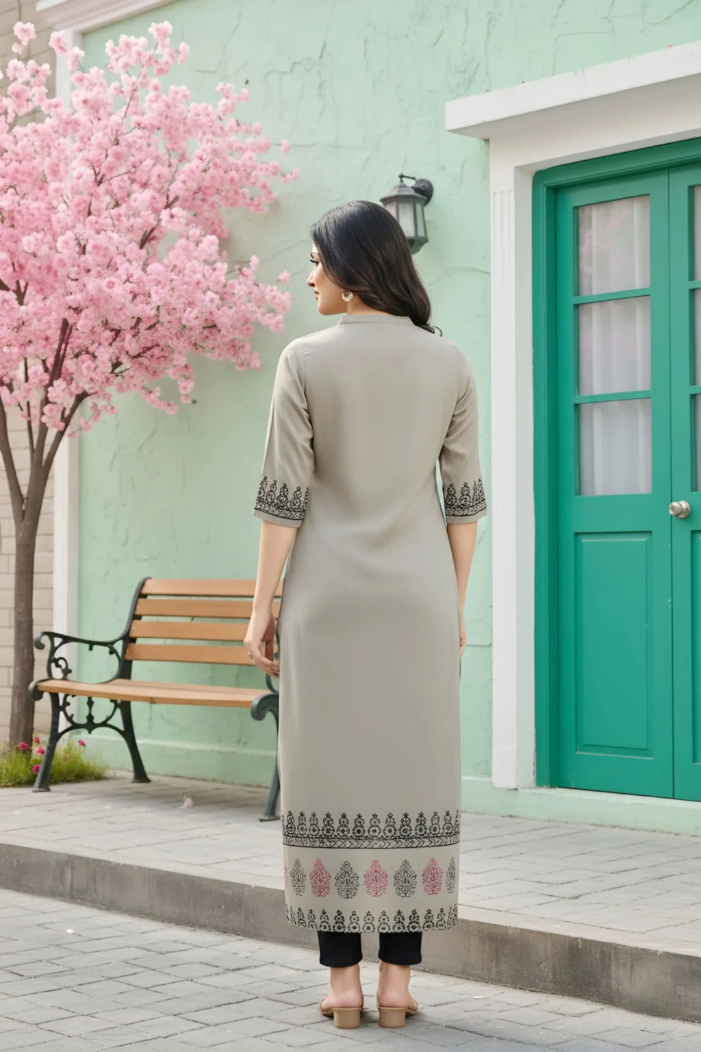 Grey Cotton Silk Block Print Long Kurta