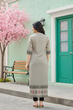 Grey Cotton Silk Block Print Long Kurta